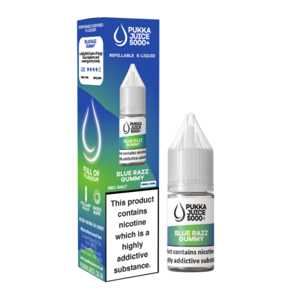 Introducing Pukka Juice 5000+ A new pukka range replicating your favourite disposable bar style flavours in 10ml e-liquid! These bar salts are available in 13 Flavours, 10 & 20mg! Blue Razz Gummy, a delightful fusion of tangy blue raspberry and sweet gummy candy.