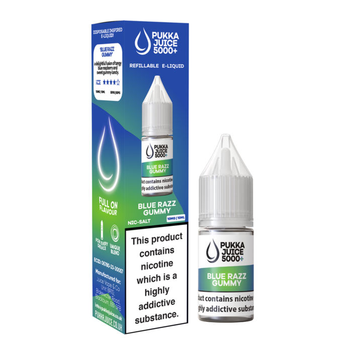 Introducing Pukka Juice 5000+ A new pukka range replicating your favourite disposable bar style flavours in 10ml e-liquid! These bar salts are available in 13 Flavours, 10 & 20mg! Blue Razz Gummy, a delightful fusion of tangy blue raspberry and sweet gummy candy.