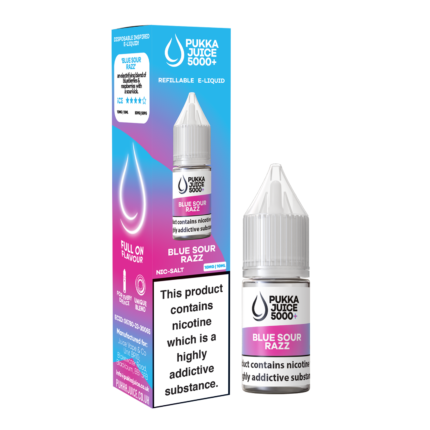 Introducing Pukka Juice 5000+ Blue Sour Razz A new pukka flavour, replicating your favourite disposable bar style flavours in 10ml e-liquid! These bar salts are available in 13 Flavours, 10 & 20mg! Blue Sour Razz, an electrifying blend of blueberries & raspberries with a sour kick.