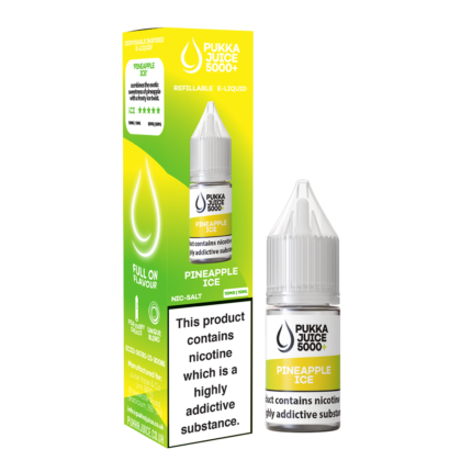 Pukka Juice 5000+ A new pukka range of e-liquid! Pineapple Ice, Combines the exotic sweetness of juicy pineapples with a frosty ice twist