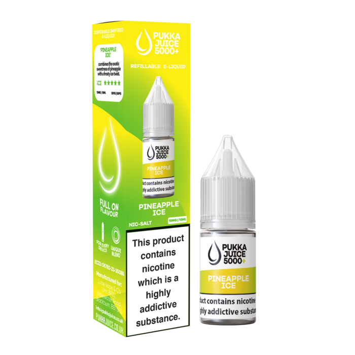 Pukka Juice 5000+ A new pukka range of e-liquid! Pineapple Ice, Combines the exotic sweetness of juicy pineapples with a frosty ice twist
