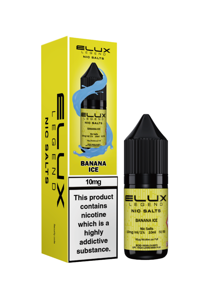 Elux Legends Nic Salt Banana Ice. Invites you to experience the tropical sweetness of ripe bananas, perfectly complemented by a cool menthol breeze. This e-liquid offers a smooth, icy finish, making it the perfect choice for vapers who enjoy a sweet yet refreshing flavour. Whether you’re relaxing at home or on the go, Elux Nic Salt Banana Ice delivers a satisfying, vacation-like experience with every puff. Available in both 10mg and 20mg