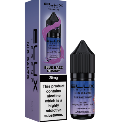 Elux Nic Salt Blue Razz Gummy 10ml, offers a burst of sweet, tangy flavours with a playful mix of juicy blueberries and tart raspberries. A trio of tasty fruits add layers of sweetness, creating a candy-like blend that’s rich, vibrant, and irresistibly smooth. Available in both 10mg and 20mg