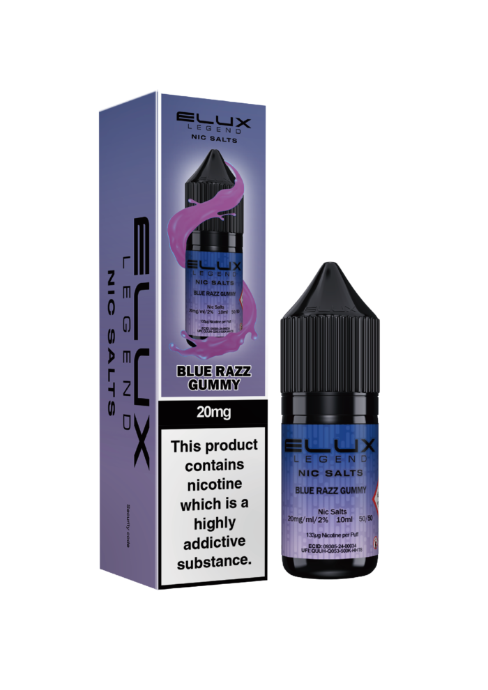 Elux Nic Salt Blue Razz Gummy 10ml, offers a burst of sweet, tangy flavours with a playful mix of juicy blueberries and tart raspberries. A trio of tasty fruits add layers of sweetness, creating a candy-like blend that’s rich, vibrant, and irresistibly smooth. Available in both 10mg and 20mg