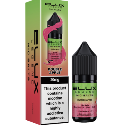 Elux Nic Salt Double Apple 10ml.  A crisp, vibrant blend of sweet red apples and tart green apple, perfectly balanced for a refreshing fruit burst. Available in both 10mg and 20mg.