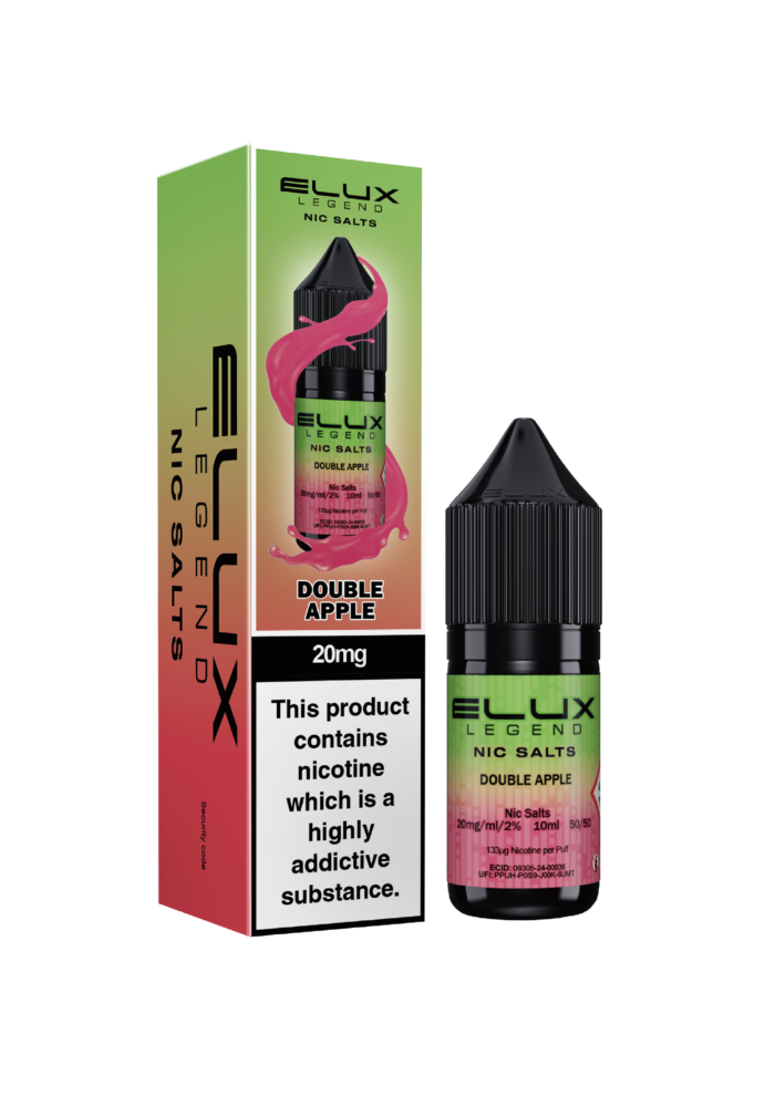Elux Nic Salt Double Apple 10ml.  A crisp, vibrant blend of sweet red apples and tart green apple, perfectly balanced for a refreshing fruit burst. Available in both 10mg and 20mg.