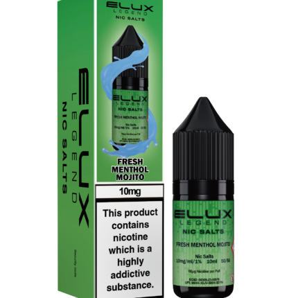 Elux’s Legends Fresh Menthol Mojito Nic Salt. This refreshing vape combines menthol, zesty lime, and mint for a cool burst of flavour. Every puff delivers the ultimate thirst quencher, perfect for vapers seeking a revitalising experience. Available in both 10mg and 20mg.
