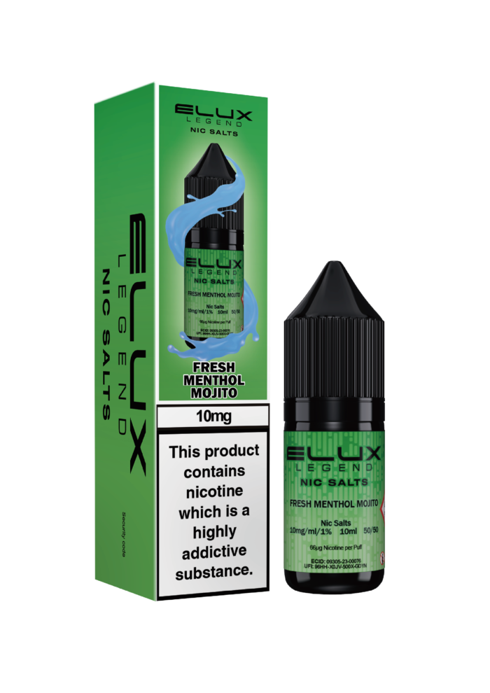Elux’s Legends Fresh Menthol Mojito Nic Salt. This refreshing vape combines menthol, zesty lime, and mint for a cool burst of flavour. Every puff delivers the ultimate thirst quencher, perfect for vapers seeking a revitalising experience. Available in both 10mg and 20mg.