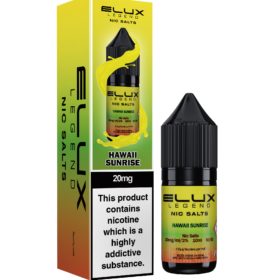 Elux Legends Nic Salt Hawaii Sunrise 10ml. A tropical blend of sweet pineapple and citrus with a twist worth waiting for. Juicy pineapple upfront is balanced by a subtle tang that bounces of the tongue courtesy of a refreshing kick added by Zesty limes and citrus. Sure to take you back to the summer with every hit. Available in both 10mg and 20mg