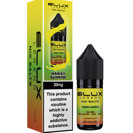 Elux Legends Nic Salt Hawaii Sunrise 10ml. A tropical blend of sweet pineapple and citrus with a twist worth waiting for. Juicy pineapple upfront is balanced by a subtle tang that bounces of the tongue courtesy of a refreshing kick added by Zesty limes and citrus. Sure to take you back to the summer with every hit. Available in both 10mg and 20mg