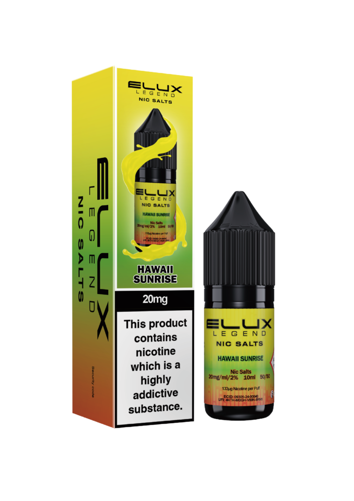 Elux Legends Nic Salt Hawaii Sunrise 10ml. A tropical blend of sweet pineapple and citrus with a twist worth waiting for. Juicy pineapple upfront is balanced by a subtle tang that bounces of the tongue courtesy of a refreshing kick added by Zesty limes and citrus. Sure to take you back to the summer with every hit. Available in both 10mg and 20mg