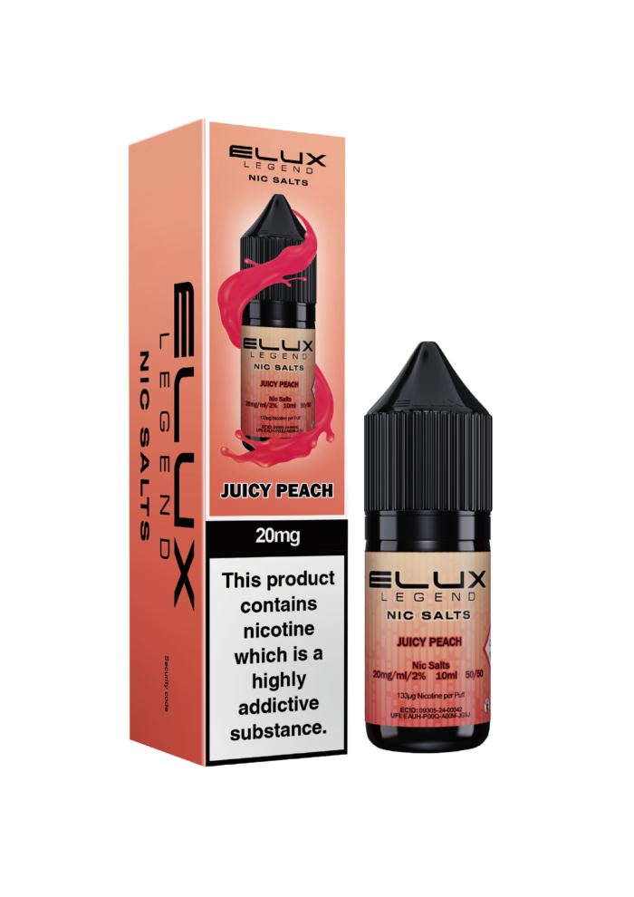 Elux Nic Salt Juicy Peach – Lush, ripe peach flavour that’s rich, sweet, and packed with fresh, juicy goodness, guaranteed to leaving you wanting more! Available in both 10mg and 20mg.
