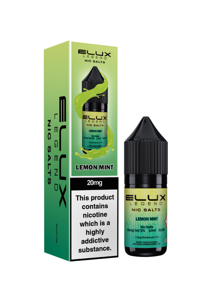 Elux Legends Nic Salt Lemon Mint 10ml. A Zesty Lemon and Refreshing Mint Fusion Elux Nic Salt Lemon Mint delivers a perfect balance of fresh lemon zest and cool mint. The citrusy punch of lemon is complemented by the icy chill of mint, creating a refreshing, smooth vaping experience. Every puff leaves you feeling refreshed and satisfied. Available in both 10mg and 20mg.
