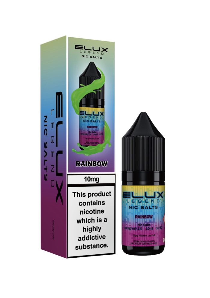 Elux Legends Nic Salt Rainbow, a captivating e-liquid that combines a medley of fruity flavours to create an unforgettable vaping experience. This rainbow-inspired blend will transport your taste buds to a realm of joy, with each puff revealing new layers of deliciousness. A true surprise in every inhale! Available in both 10mg and 20mg.