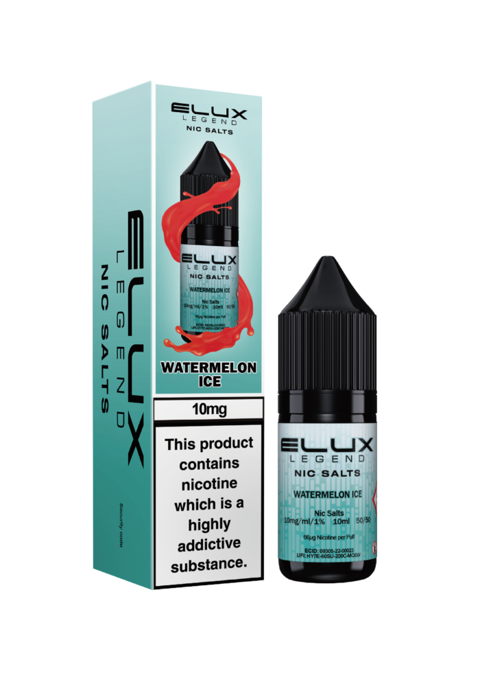 Elux Legends Nic Salts Watermelon Ice 10ml, delivers a refreshing experience with the perfect blend of sweet, juicy watermelon on the inhale, followed by a crisp icy finish on the exhale. This smooth combination makes it an ideal all-day vape, offering a satisfying balance of fruity sweetness and refreshing coolness. Available in both 10mg and 20mg