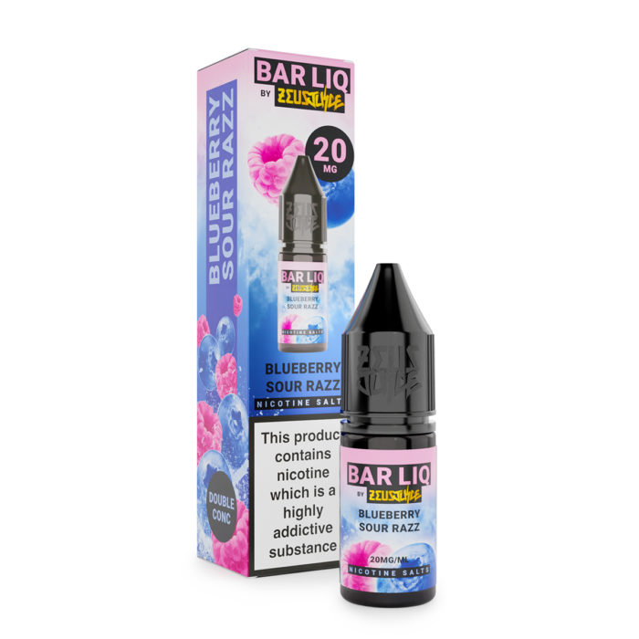 Barliq By Zeus Blueberry Sour Razz 10ml. Blueberry Sour Razz nic salt e-liquid pairs sweet, juicy-tasting blueberries with the tangy notes of raspberries. A complementary flavour fusion of zesty sweetness, Blueberry Sour Raspberry offers an irresistible fruity all-day vape that is hard to put down.
