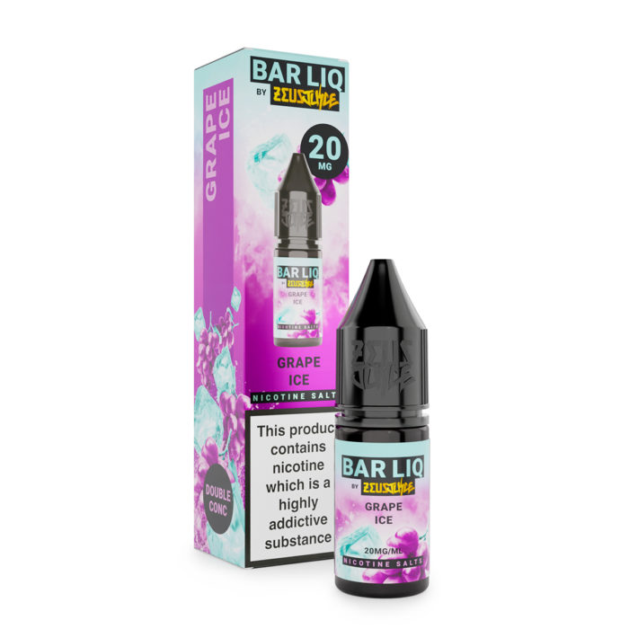 Barliq By Zeus Grape Ice 10ml. Grape Ice nic salt e-liquid releases a blend of juicy, sweet grapes delivered with a cool iciness. The refreshing menthol twist complements the delicate grape notes to create a smooth and chilled finish on every inhale.
