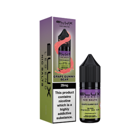 Elux Legends Nic Salts Grape Gummy Bear 10ml Elux Nic Salt is crafted to offer a smooth, satisfying vape experience. Best used with pod devices or higher-ohm coils, it ensures consistent, flavour-packed hits. Available in both 10mg and 20mg nicotine strengths, you can select the perfect level of nicotine for your vaping preference. Thanks to the Nic Salt formula, it provides a smoother throat hit and quicker nicotine absorption for a more immediate and enjoyable sensation. You know that classic grape flavour from your favourite chewy candy? This one takes it up a notch. It?s fun, a bit eccentric, and captures that gummy feel just right.