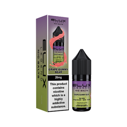 Elux Legends Nic Salts Grape Gummy Bear 10ml Elux Nic Salt is crafted to offer a smooth, satisfying vape experience. Best used with pod devices or higher-ohm coils, it ensures consistent, flavour-packed hits. Available in both 10mg and 20mg nicotine strengths, you can select the perfect level of nicotine for your vaping preference. Thanks to the Nic Salt formula, it provides a smoother throat hit and quicker nicotine absorption for a more immediate and enjoyable sensation. You know that classic grape flavour from your favourite chewy candy? This one takes it up a notch. It?s fun, a bit eccentric, and captures that gummy feel just right.