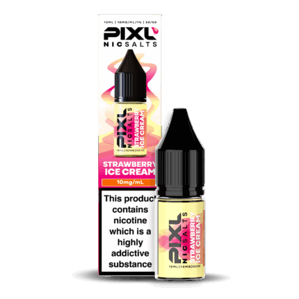 Introducing Pixl Nic Salts Strawberry Ice Cream 10ml. Strawberry Ice Cream delivers the rich, creamy taste of smooth vanilla ice cream swirled with sweet strawberries. This indulgent dessert flavour is perfectly balanced for a soft, creamy inhale and a fruity, satisfying exhale.